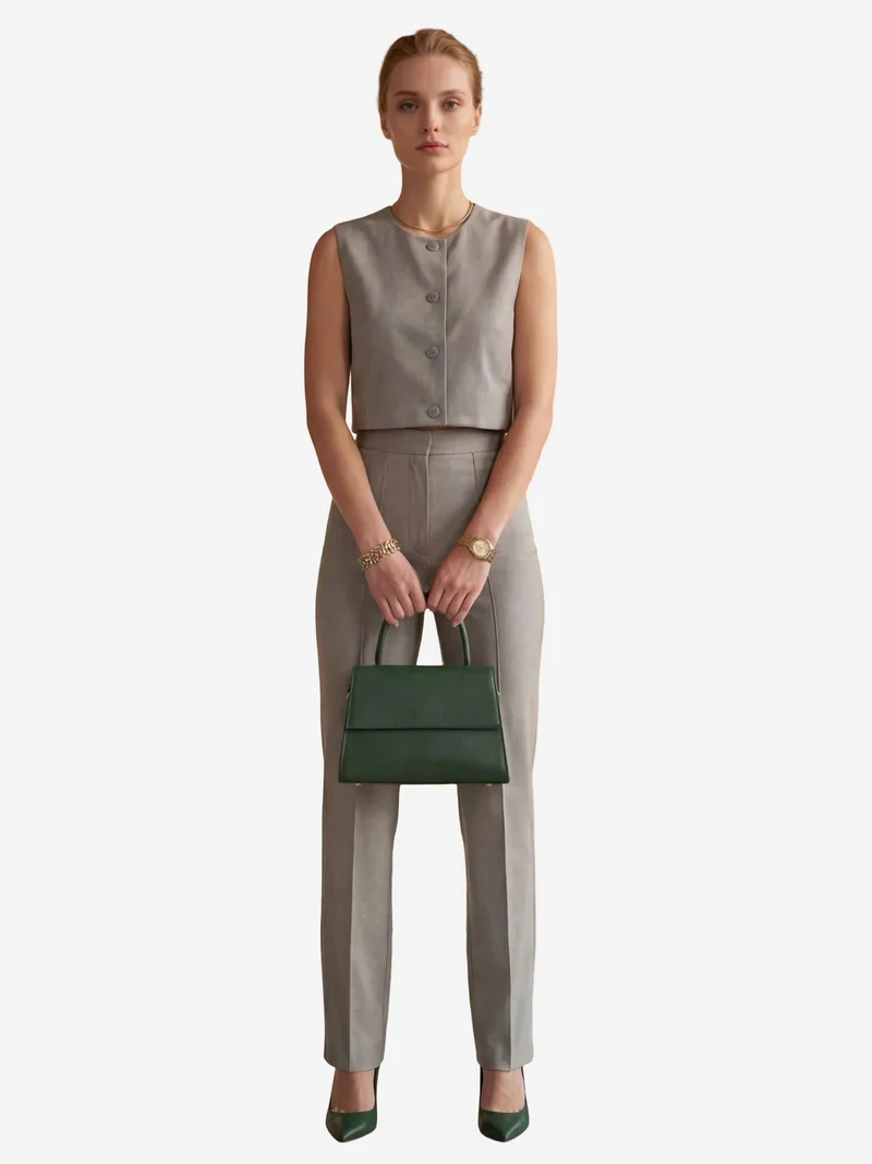 MY FASHION Grey MY FASHION Crew Neck Crop Vest & High Waist Pants Two-Piece Set for Women | Best Price UAE